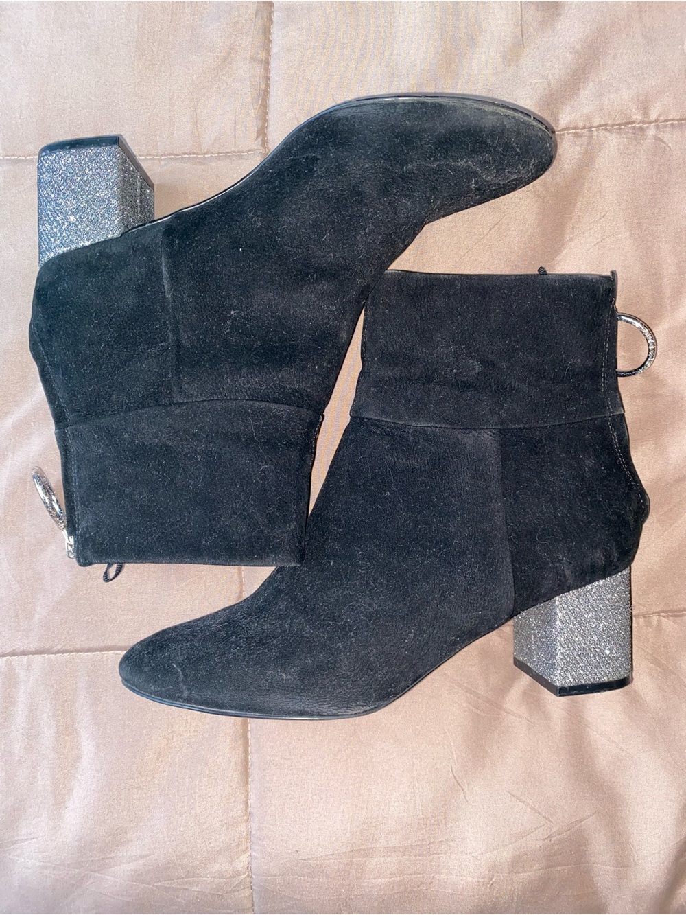 Black Suede Ankle Boots with Glitter Block Heel